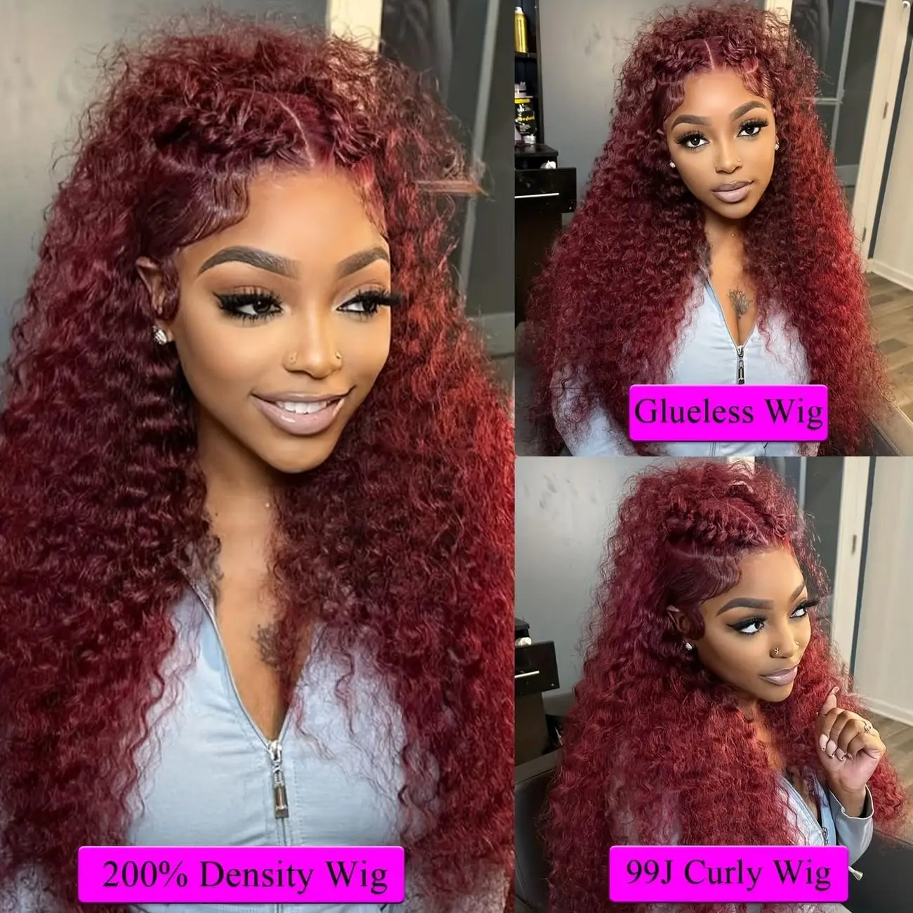 TIMOPOL 13×4 Lace Front Wigs 99J Jerry Curl Wigs For Women High Density Pre-Plucked Hairline Red Curly Human Hair Wigs view 5