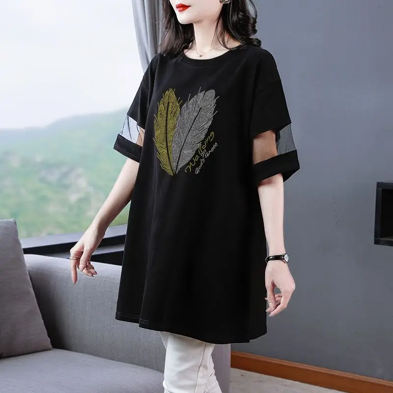 Loose Fashion Mesh Spliced Half Sleeve T-shirt Women\'s Clothing Trendy O-Neck Summer Female Casual Solid Color Diamonds Tops