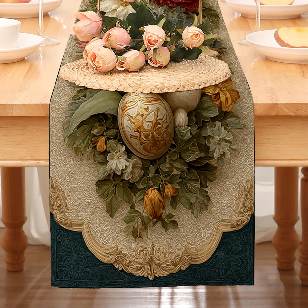 1Pc Arch-Shaped Floral Wreath Rabbit and Easter Egg Pattern Printed Table Runner, Latest Easter Table Runner, Spring Table Runner, European Classical Decorative Style, Linen Tablecloth Table Runner, Original Design with Exquisite Details, Rich and Luxurious in Spring and Summer Aesthetics, Elegant and Festive Atmosphere, a Choice for Home Decor Art, Suitable for Family Gatherings, Indoor and Outdoor Decoration, Dining Table, Coffee Table, Living Room Display, Holiday Gifts, and Restaurant Scene Decoration