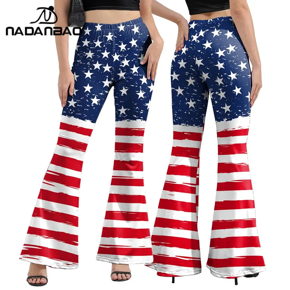 

Nadanbao American Flag Print Flared Bell Bottom Pants for Women Stars Stripes Pattern Trousers Elastic Leggings Fashion Wear