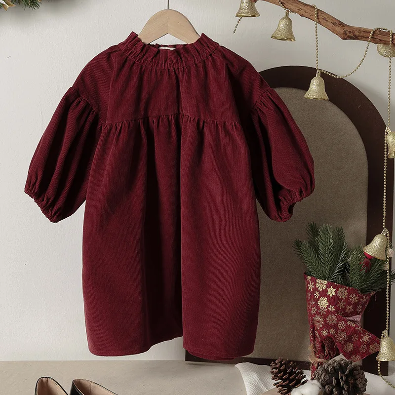 Retro Corduroy Princess Dress Baby Girls 2025 Spring Autumn New Children Clothing with Elastic Collar Palace Style Cotton Dress