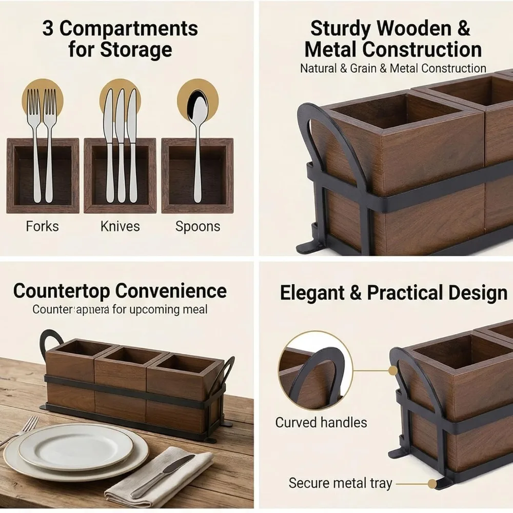 Practical Wood Utensil Holder Compartment Divided Sturdy Holder Caddy Rectangular Smooth Polished Storage Rack Outdoor Party