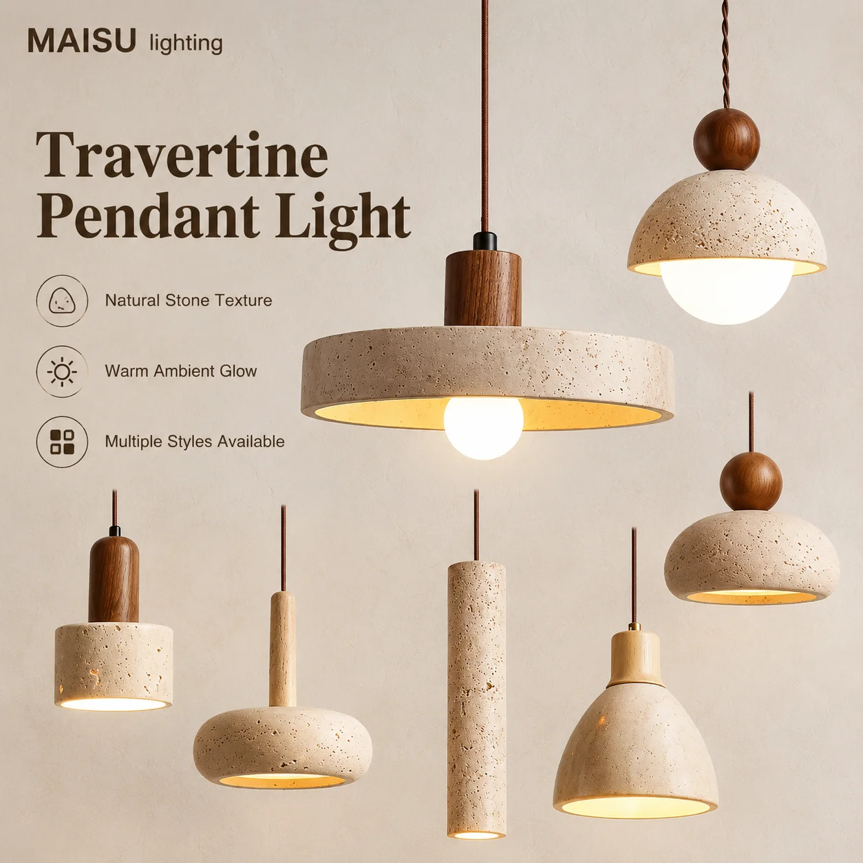 MAISU Wabi-Sabi Yellow Travertine Pendant Light Japanese Cave Stone for Kitchen Island Restaurant Bedroom Bedside Home Decor