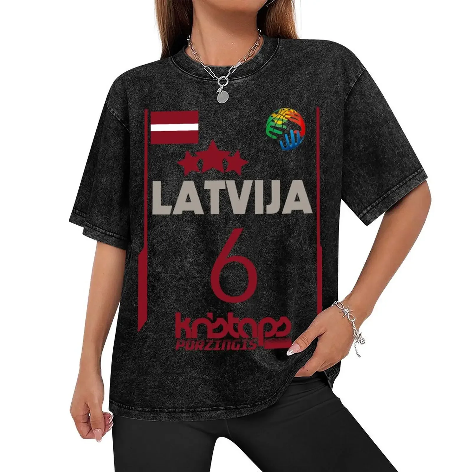 Kristaps Porzingis Retro Latvia Euro Style Basketball Design T-Shirt oversizeds hippie clothes blanks funny t shirts for men