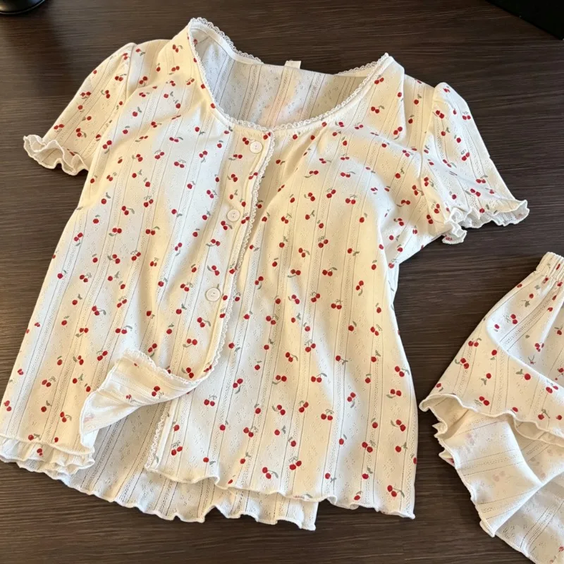 Cute Pajama Set Women Cherry Print Summer Lace Trim Ruffle Short Sleeve Pajamas Two Piece Suit New Casual Sleepwear Loungewear