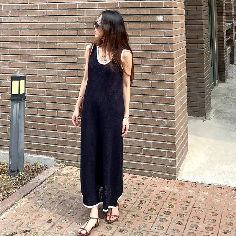 U الرقبة المرقعة عطلة محبوك فستان طويل المرأة الصيف فو الكتان مستقيم البلوز ميدي فستان الشمس الإناث ملابس امرأة 2025
