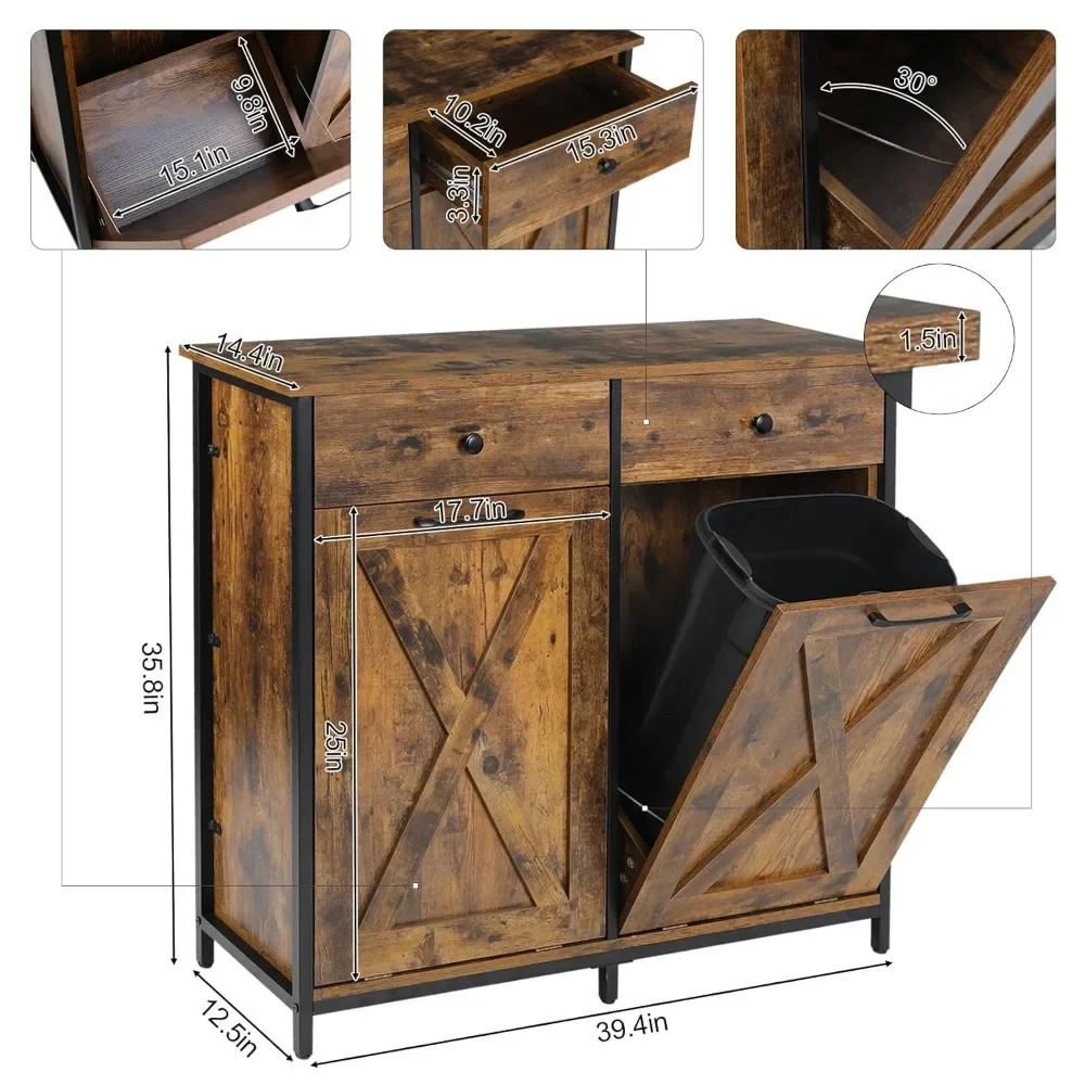 Double Tilt Out Trash Cabinet 20 Gal, Kitchen Wooden Recycling Cabinet, Hidden Trash Can Holder w/Drawers & Tabletop