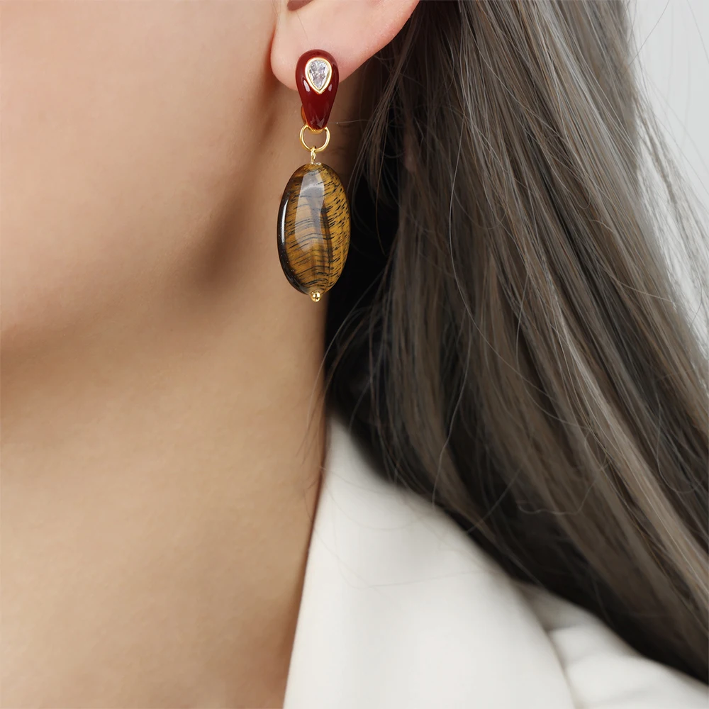 Multi Color Enamel Stainless Steel Dangle Earrings With Oval Natural Tiger Eye Stone Charm Stud Earring Ear Studs For Women