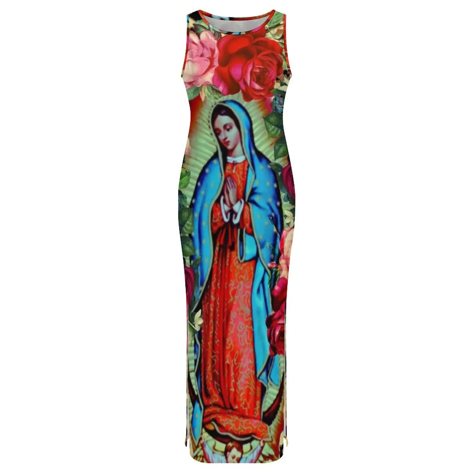 สตรี Guadalupe Virgin Mary ชุดดอกไม้พิมพ์แฟชั่นชุดเข้ารูปฤดูใบไม้ผลิชุด Maxi กราฟิกขนาดใหญ่ Vestidos