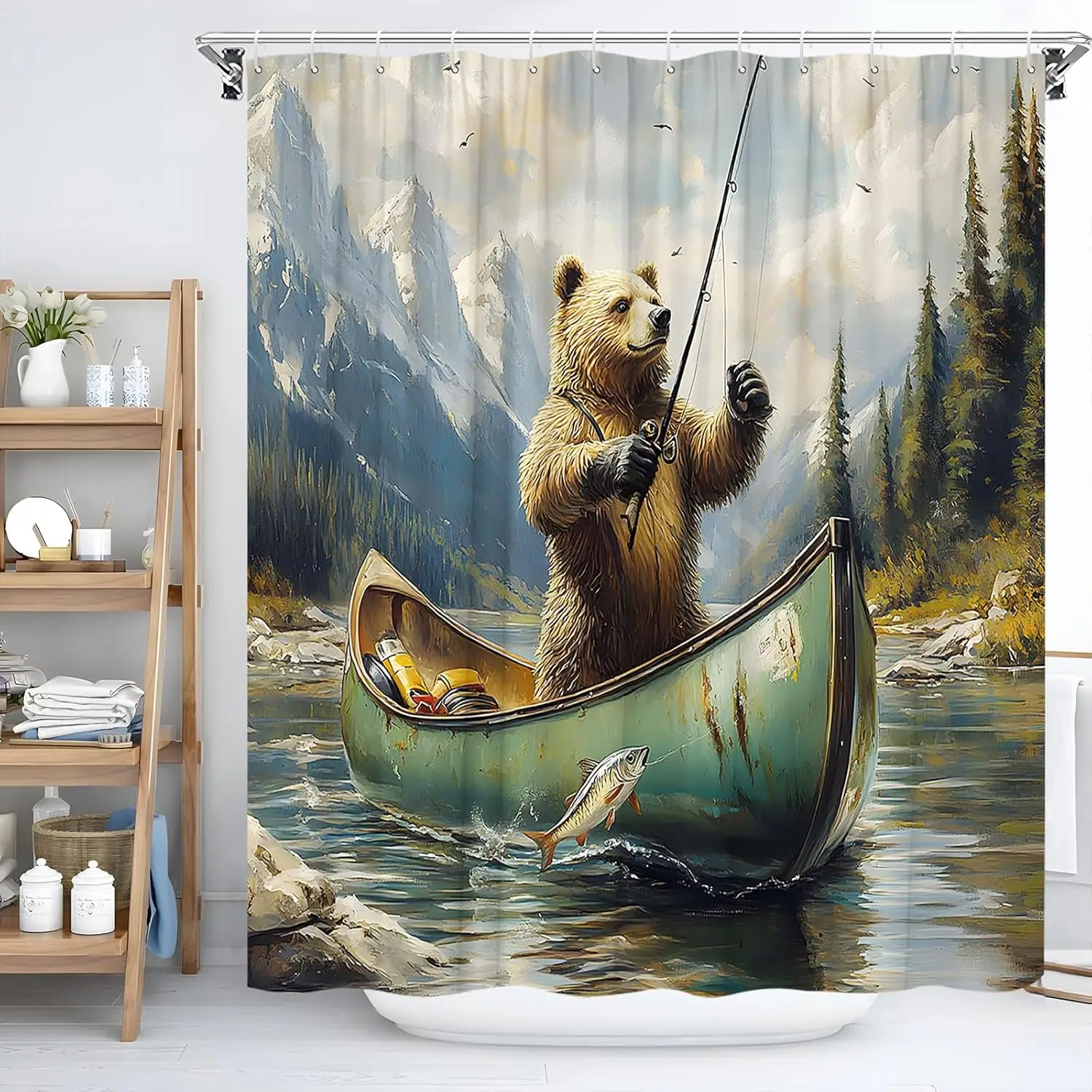

Rustic Bear Shower Curtain Vintage Forest Lake Funny Bear Fish Lake Fishing Wild Animal Mountain Country Cabin Lodge Hunting