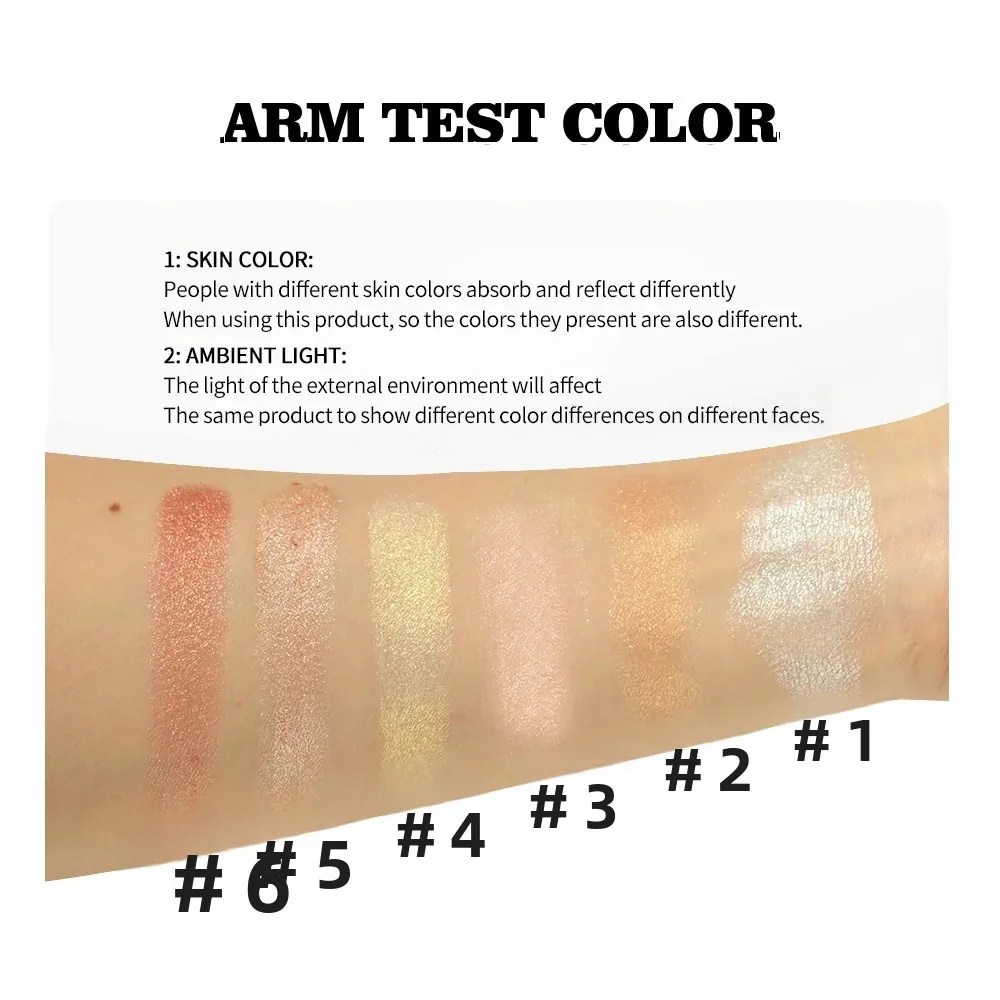 6-color face highlighting compact with natural pearlescent, three-dimensional, water- and sweat-resistant formula