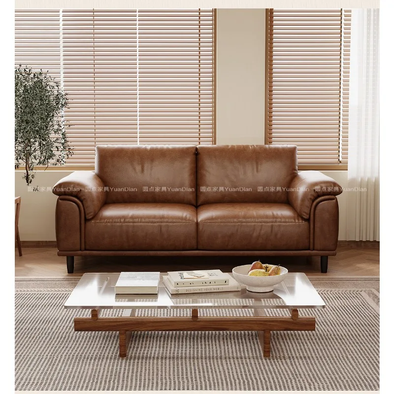 Medieval three-person small apartment oil wax leather sofa living room retro double cowhide sofa straight row