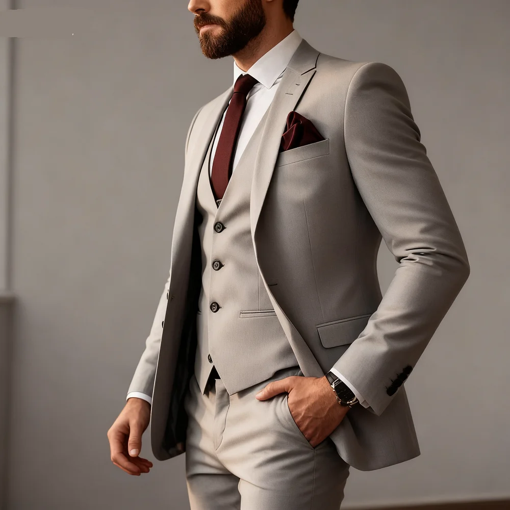 Men'S Trend Personality 3 Piece Slim Fit Suits Business Wedding Party Tuxedos Blazer Vest Pants Solid Color Elegant Man Clothes
