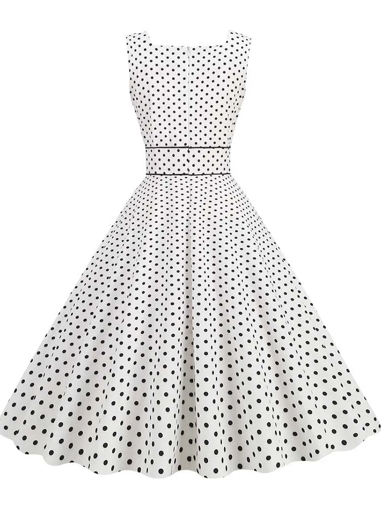 فساتين متوسطة الطول أنيقة للنساء صيفية بياقة مربعة فستان عتيق منقط بحزام سباغيتي عالي الخصر فستان صيفي للحفلات #2