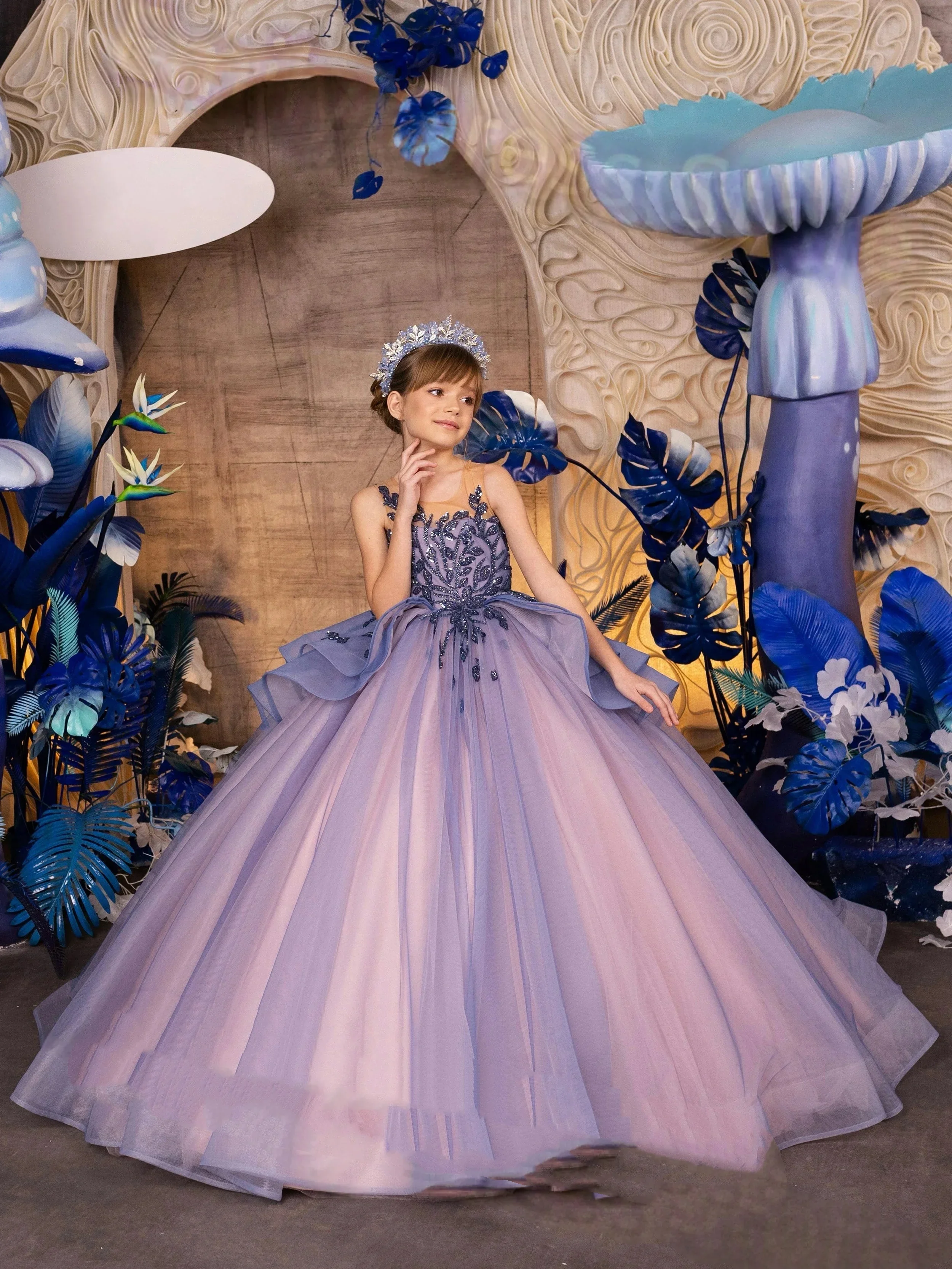 Custom Purple Ombre Sequin Embroidered Tulle Ball Gown Flower Girl Dress Wedding Gown for First Christmas Kids Party Outfit