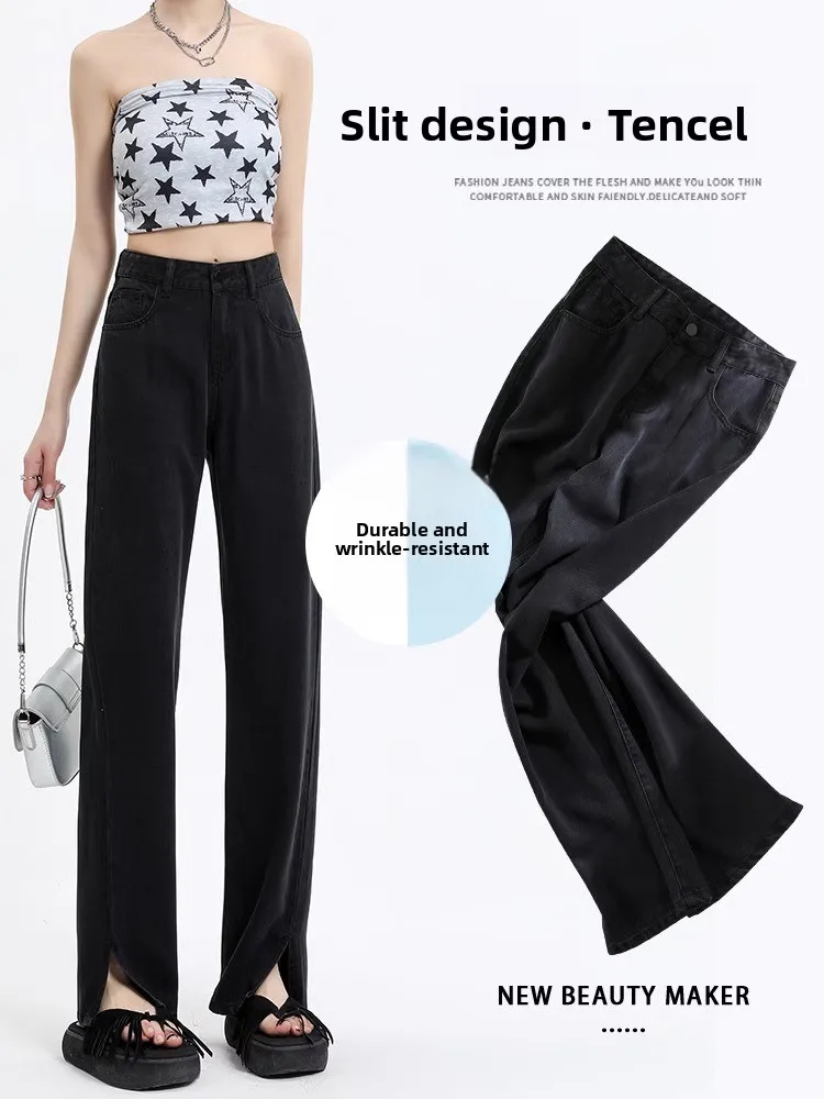 

High Waist Silk Denim Pants Women's Split Straight Leg Slimming Summer Thin Ice Sensation Wide Leg Pants Cotton Polyester Spa...