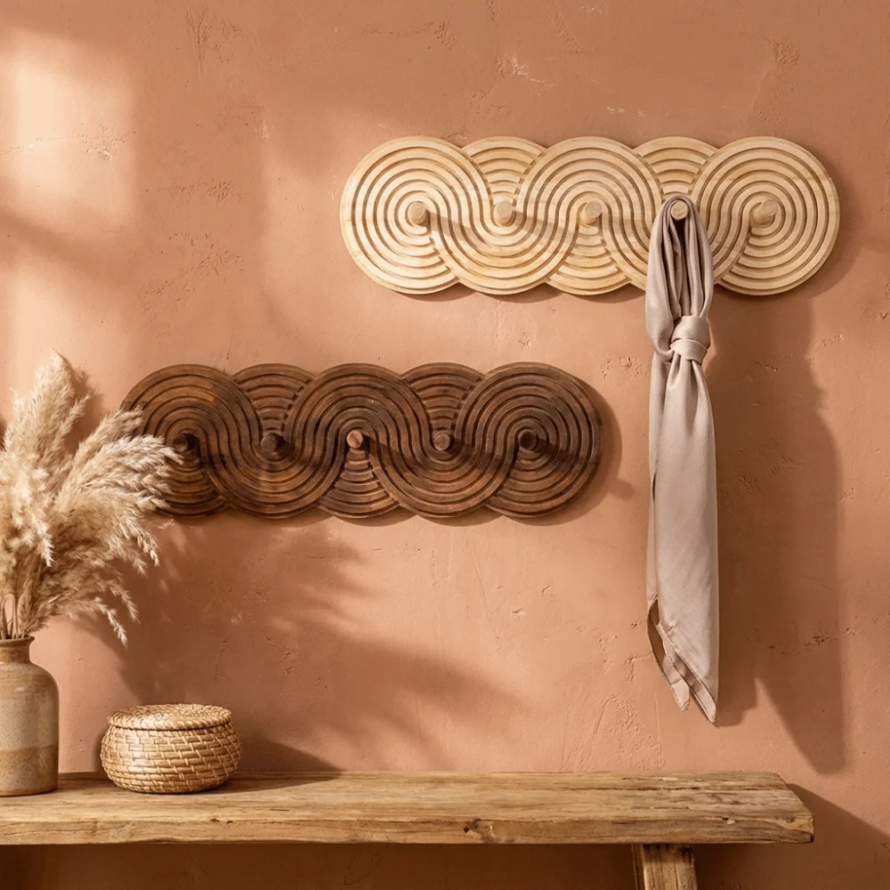 

5-Hook Key Storage Rack Bohemian Style Modern Wall-Mounted Organizer Wooden Handcrafted Clothes Storage Holder Wall Storage