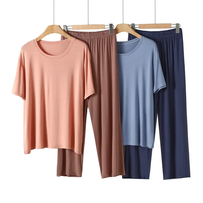 Summer color contrast homewear 2pcs set O-Neck Tshirts short sleeves and pants calf length plus size casual sleepwear suit