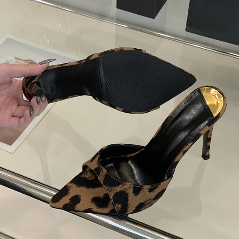 Liyke Summer White Patent Leather Women Slippers Sandals Sexy Leopard Print Pointed Toe Mules High Heels Party Stripper Shoes