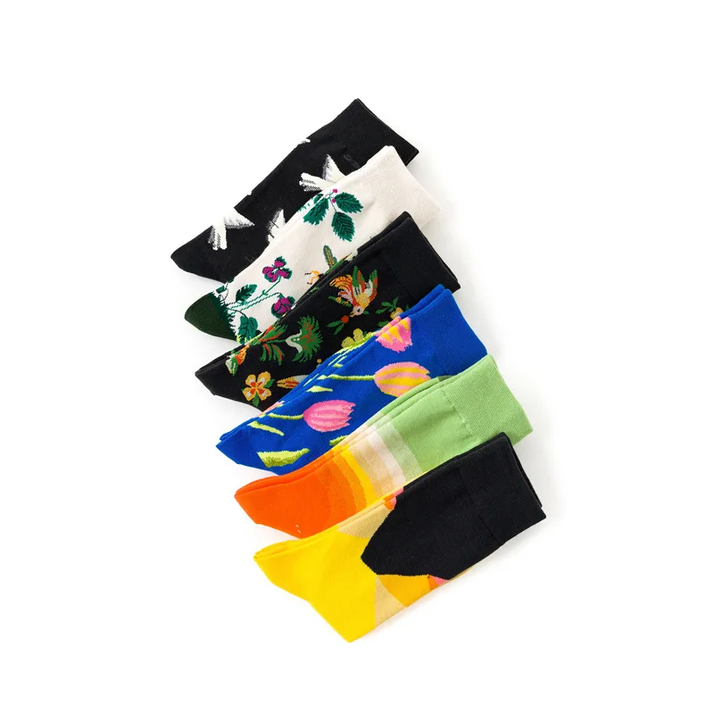 1 Pair Couple Socks Harajuku Style Art-painted Flower Plant Pigeons Suit in All Seasons For Daily Dress Streetwear