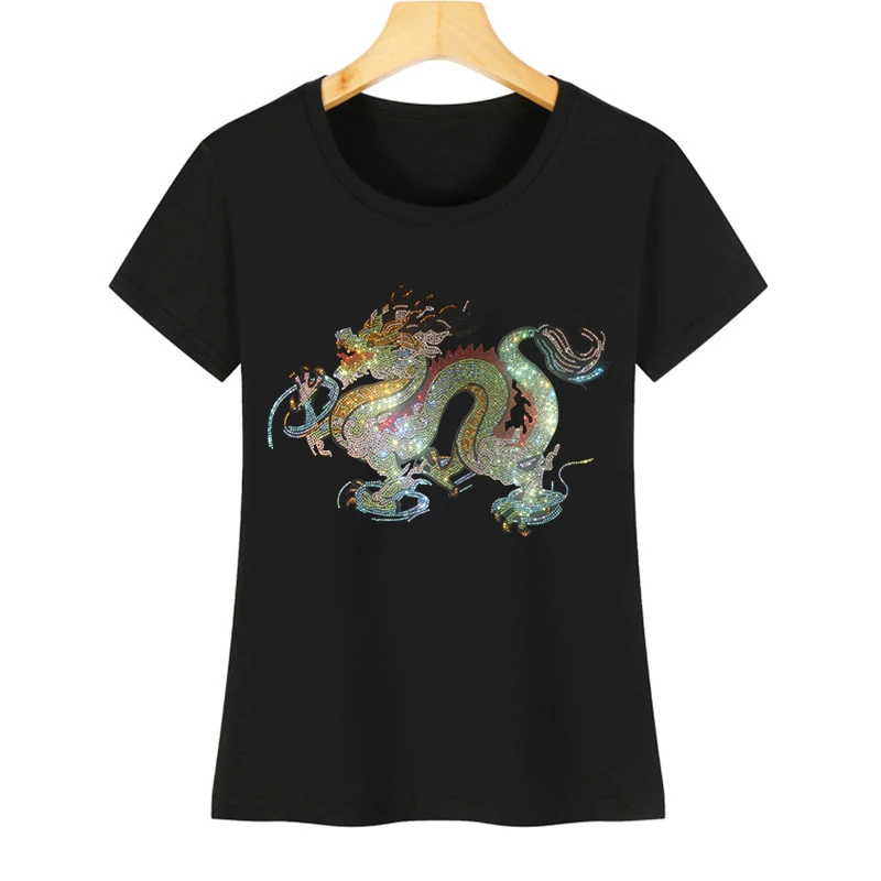 Hot selling high quality hot diamond women's short-sleeved leisure T-shirts creative color Chinese dragon flash diamond T-shirts