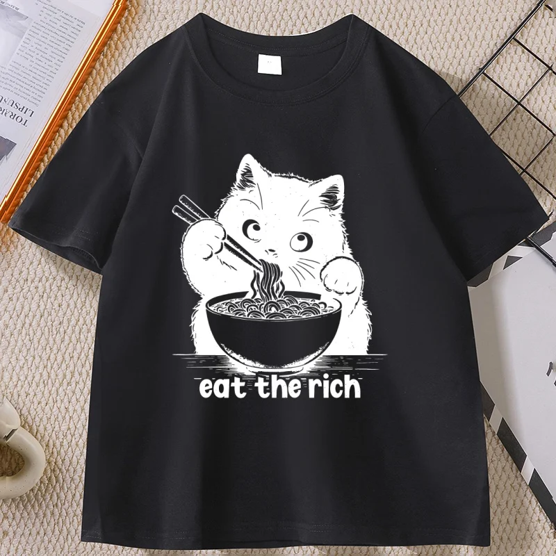 Eat The Rich T-shirt Funny Cat Ramen T Shirt Men Women Casual Short-sleeved Tshirt Soft Fitness Summer Clothes Streetwear