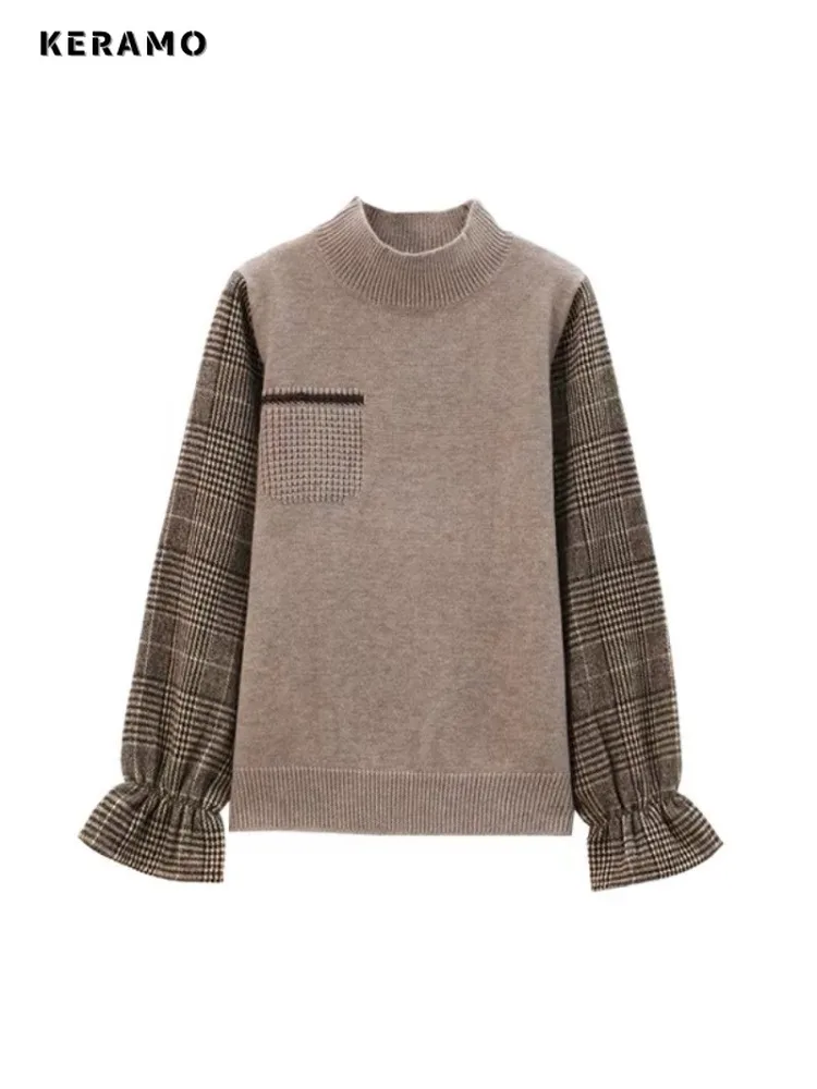 Casual Plaid Patchwork Office Lady Knitting Long Sleeve Jumpers 2025 Winter Women's Round Neck Elegant Slim Fit Sweater Top