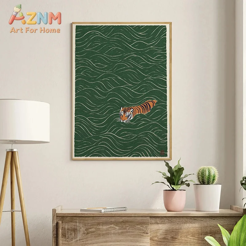 AZNM Green Japanese Forest Landscape Canvas Wall Art, Vintage Nature Tiger Koi Crane Print, Oriental Scenery Living Room Home De