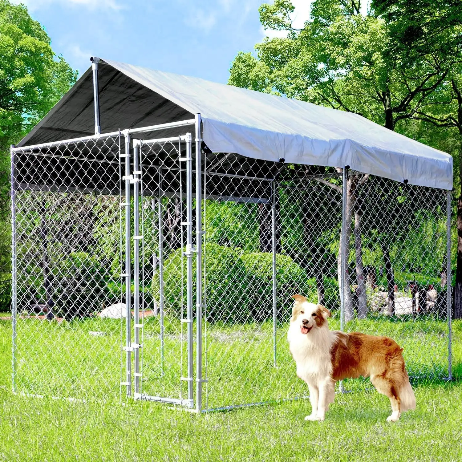 Heavy Duty Outdoor Dog Kennel Galvanized Steel Chain Link Pen with Lockable Door & Water-Resistant Roof for Medium Customized