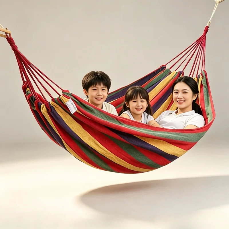 Hamaca doble de lona de algodón para 2 personas con correas para árbol, roja y azul, para patio, jardín, interior, exterior, camping, cama colgante.