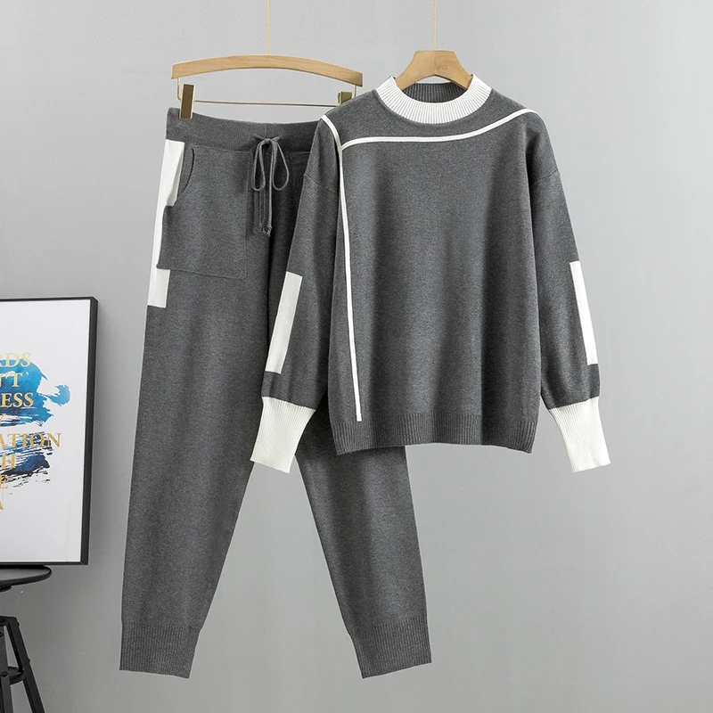 2025 Autumn Runway 2 Pieces Set Knitted Long Sleeve Pullovers Sweater Casual Patchwork Fashion Women Tops and Pants Suits Spring