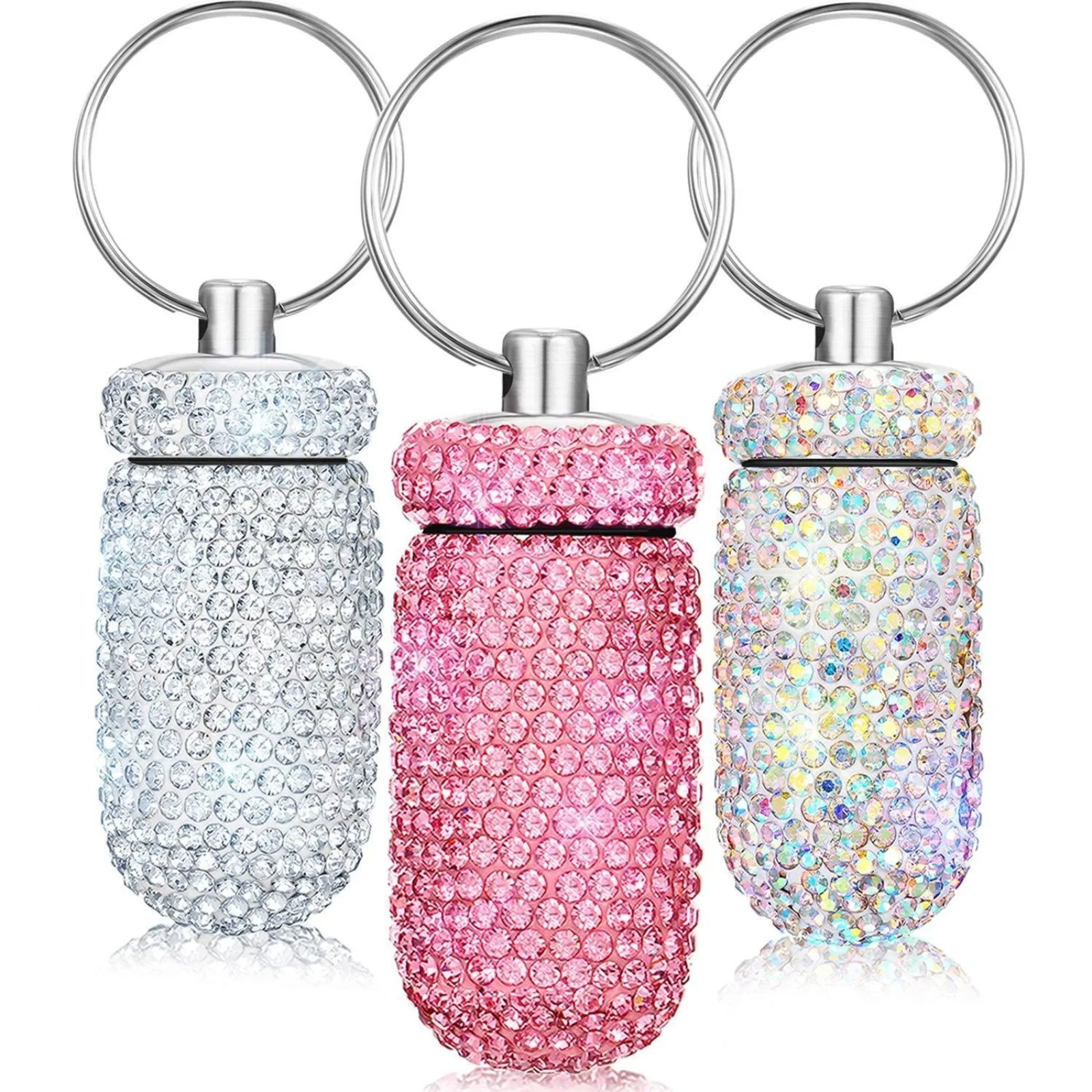 Niedlicher Strass-Pillenhalter-Schlüsselanhänger, mit glitzerndem Kristall verzierter tragbarer Medizinkoffer, wasserdichte kleine Pillenflasche für Frauen, Tr
