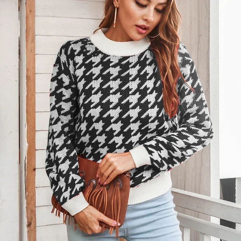 

TPJB Autumn Houndstooth Sweater Womens Pullover New Full Sleeve Knitted Sweater Winter Fashion Casual Knit Pullover Jumpers Tops