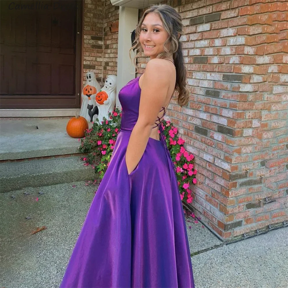 Simple Backless Purple A Line Formal Evening Dresses 2023 Satin Long Prom Dress Sexy V Neck Party Gown Robe De Soirée فستان سهرة