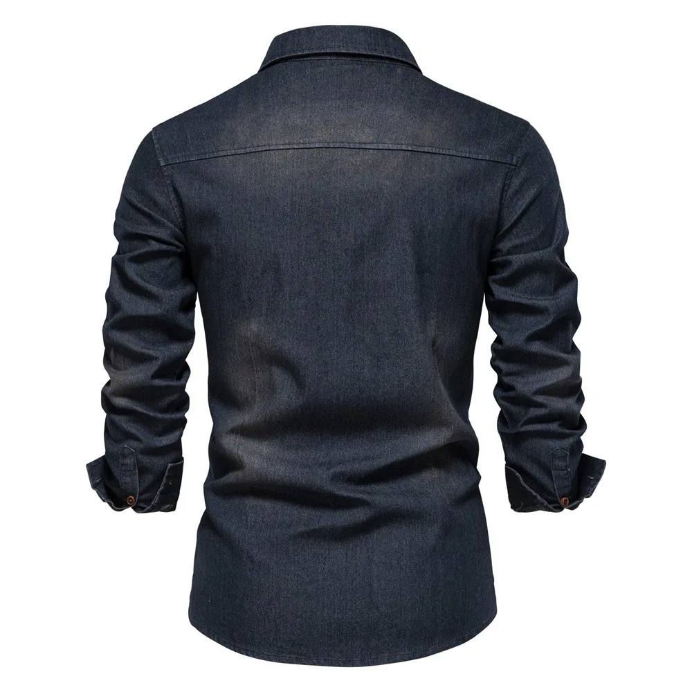 Ons Maat Denim Shirt Casual Effen Kleur Heren Shirt Met Lange Mouwen