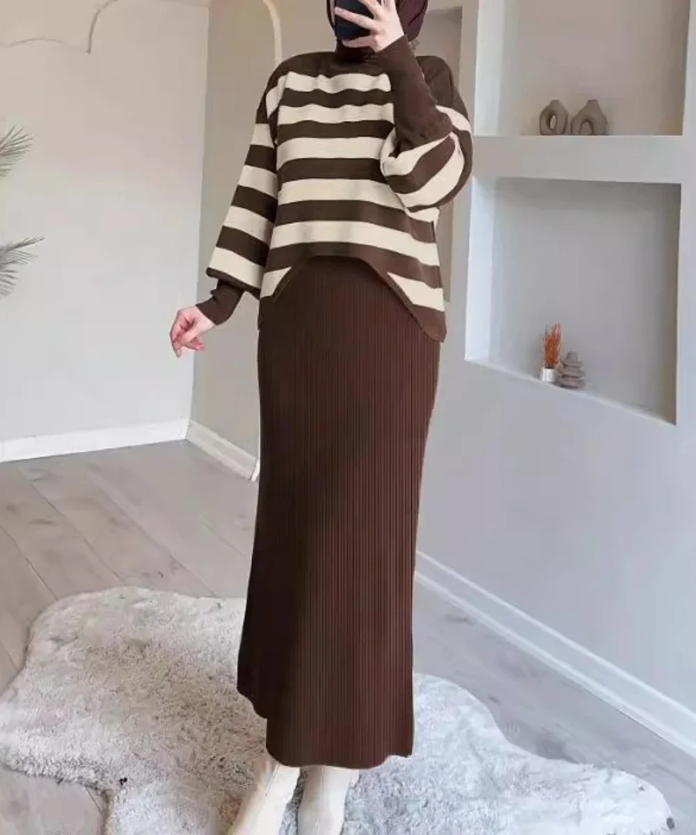 Muslim Knitting 2 Piece Set Women Striped Knitted Top Pullover Vest Dress Suit Morocco Dubai Arabic Casual Dresses Ensemble