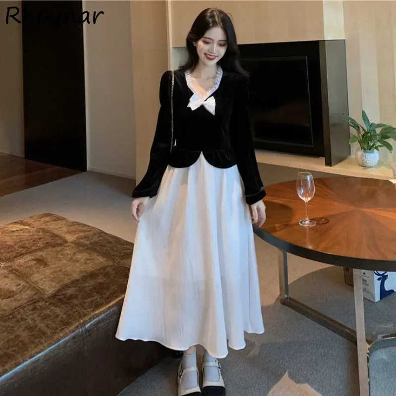 

Puff Sleeve Dresses Women Fake Two Piece Panelled Elegant Temper Ladies Aesthetics High Waisted Vestidos Gentle French Autumn