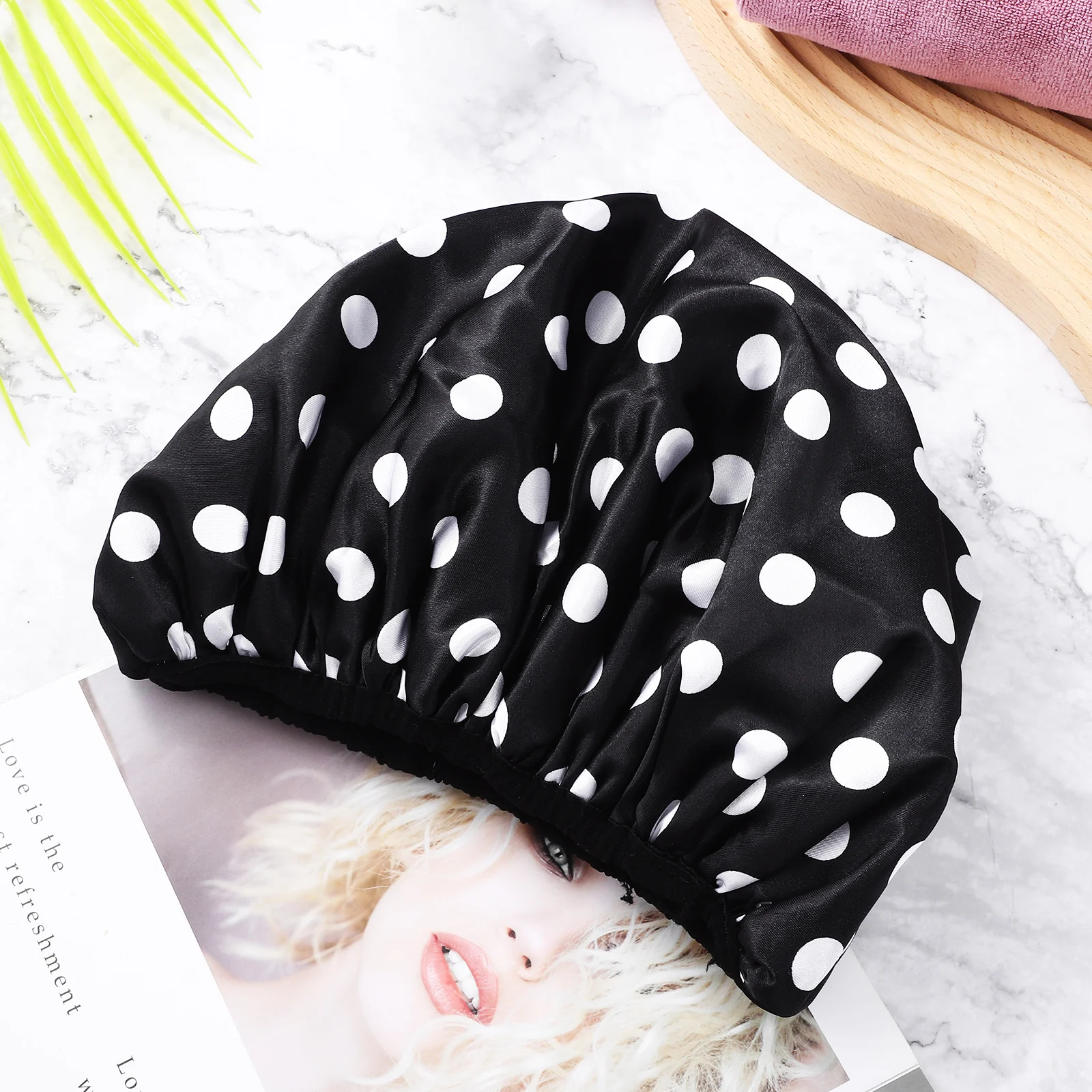 

2 pcs Waterproof Shower Caps Bath Hats for Women Kids Stylish Elastic Dot Pattern Microfiber Hair Covers Reusable Travel Bathing