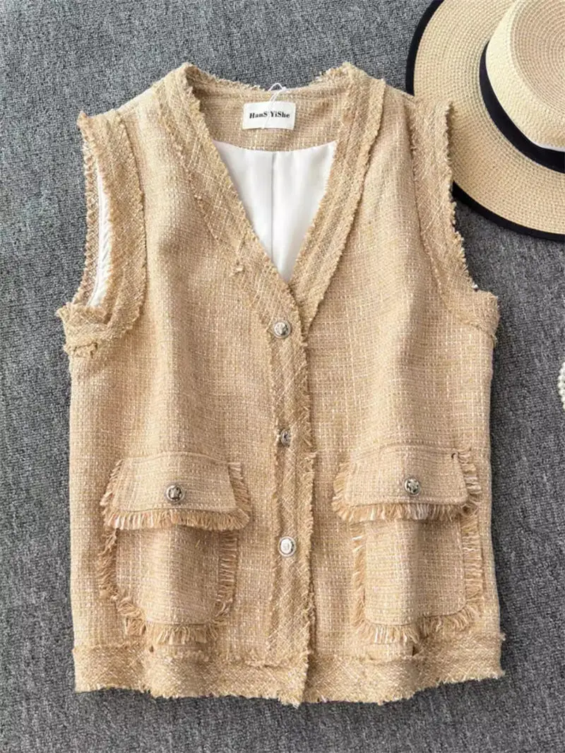 Koreaanse Gilet Dames 2024 Zomer Retro Stijl V-Hals Metalen Knoop Losse Casual Veelzijdig Mouwloos Vest Jack K1714