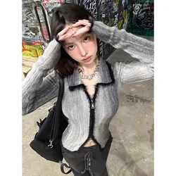 Gothic Sweater Women Knitted Grey Tie Dye Cardigan Patchwork Y2k Vintage Tops Streetwear Korean Style Autumn Winter Sweater