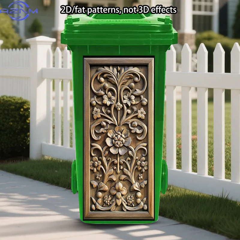Wood Carving Stickers Decoration, Floral Design Stickers, Ornate Pattern Self-Adhesive Art Stickers, Rustic Style Trash Can De