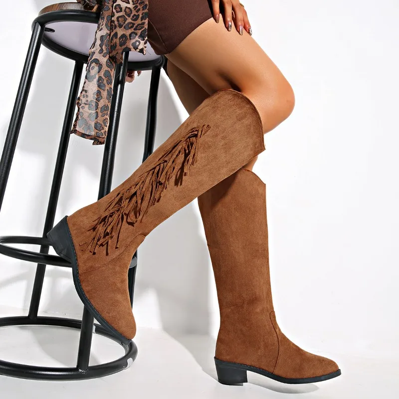 Tassel Boots, Sexy Pointed Toe Square-heeled Shoes, Winter Knee-high Boots, Fashionable Denim Western Boots, Women's Shoes image 5