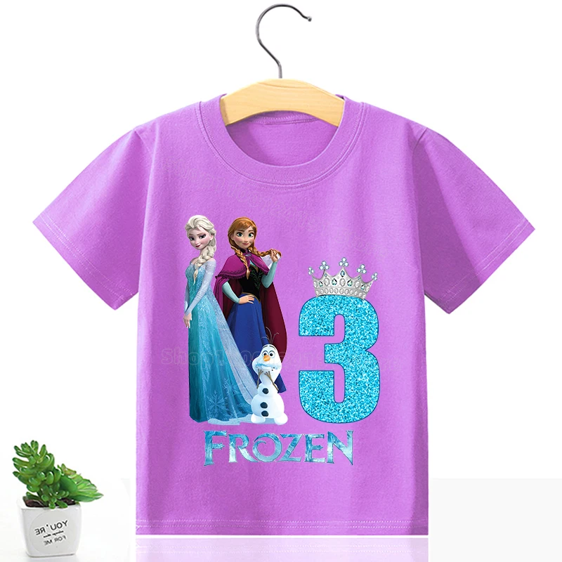 Disney Frozen Birthday Clothing for Girls Princess Number T Shirt Anna Elsa Pattern T-shirt Baby Girl Tee Tops Cartoon Clothes