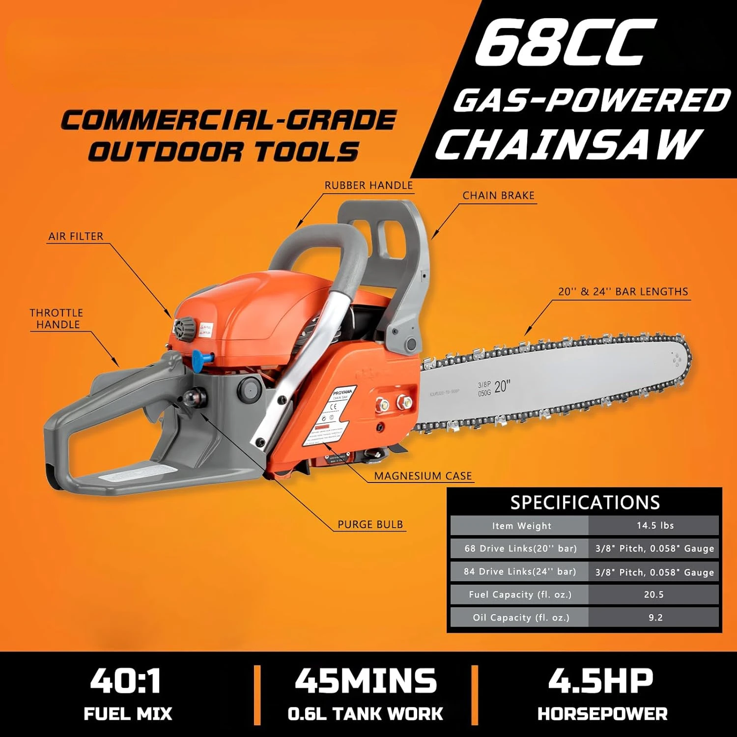 2-Cycle Top Handle Gas Powered Chainsaw 24 Inch 20 Inch Petrol Handheld Cordless Chain Saw for Tree Wood Cutting