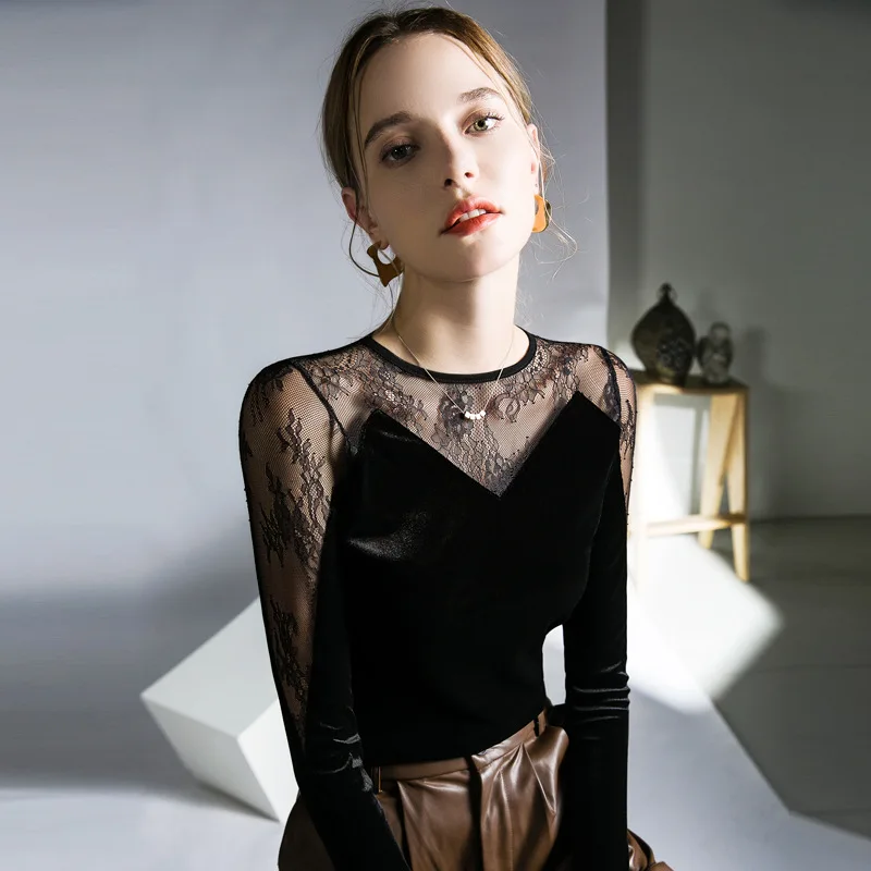

Trendy Design Lace Top with Black Velvet Patchwork SexyTT-shirt Autumn New French Chic Blouse for Women