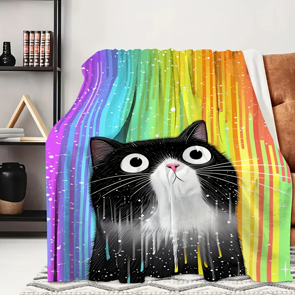 1pc Rainbow Splash Black Cat Cute Cartoon Portrait Print Flannel Blanket, Soft And Skin-Friendly, Suitable for Blankets, Bed Cov