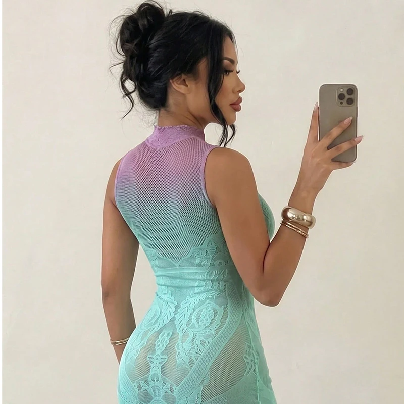 1 PC Women Sheer Mesh  Beach Cover Up Sexy See-Through Fishnet Bodycon Dress for No Bikini Included