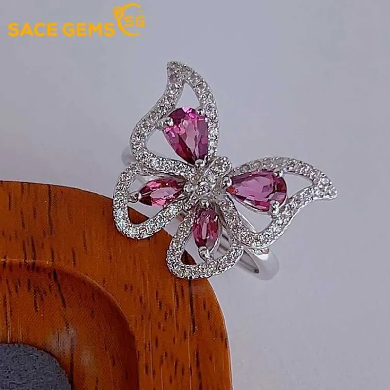 

SACE GEMS New 925 Sterling Silver Certified 4*6MM Natual Garnet Rings for Women Engagement Cocktail Party Fine Jewelry Gift