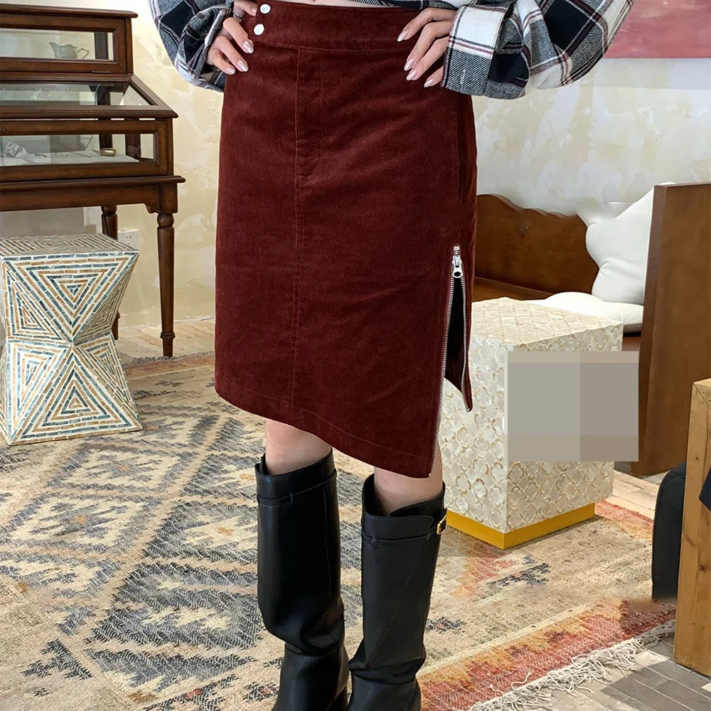 

Corduroy side zipper design straight and thin irregular red skirt bandage skirts Regular Fit korean style
