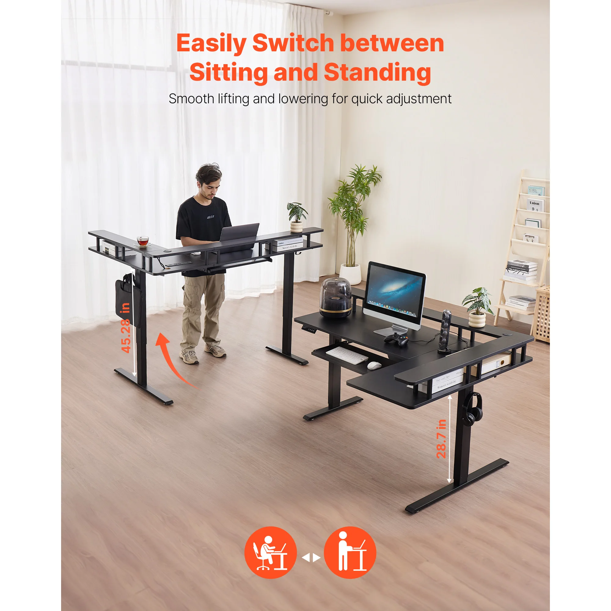 L Shaped Desk, Electric Adjustable Height Corner Gaming Desk with Keyboard Tray and Dual Hooks, Heavy-Duty L-Shaped Computer Table with Light Strip for Home Office, Easy to Assemble, Black